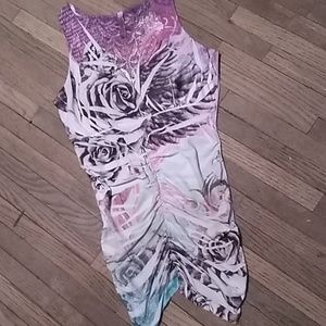 YoYo 5 silky shirred rose/wings tattoo top (XS)